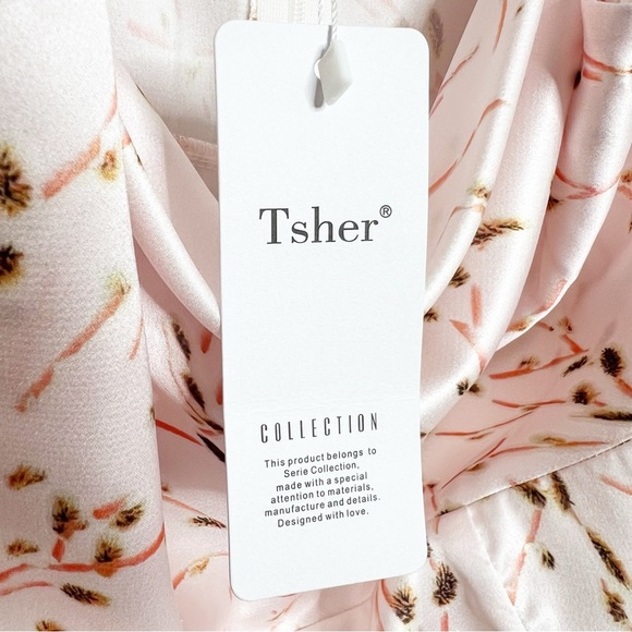 NWT Tsher Satin Midi Dress Floral Print Pink‎ Spaghetti Straps Cowl Neck Slit - Picture 15 of 16